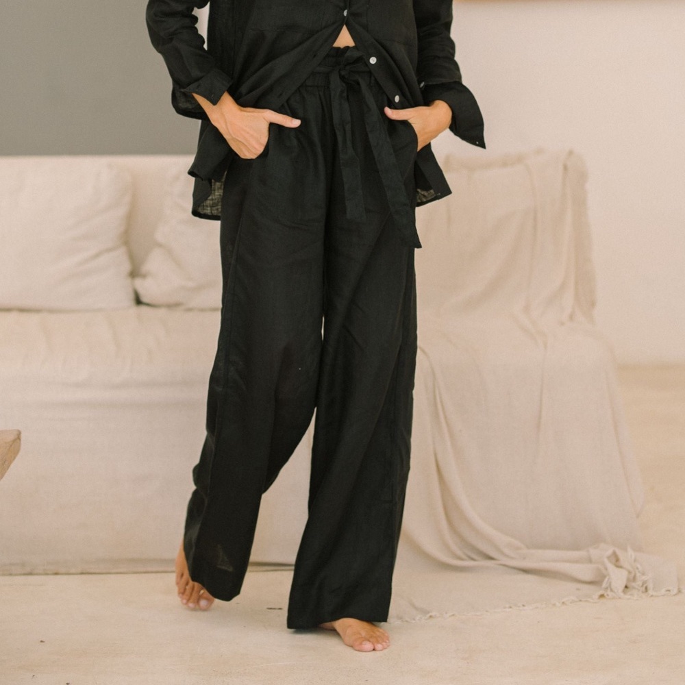 Wide-Leg French Linen High-Waist Black Pants - Size S